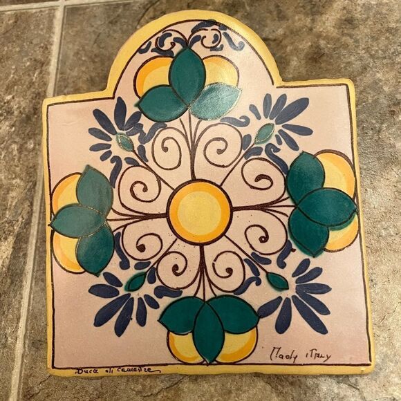Italy Pottery Trivet Lemon Pier 1 Wall Hang Green Leaf Blue Flower Scrolls - Picture 1 of 6